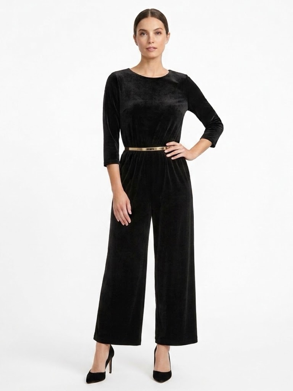 Chico's Travelers Black Velvet Wide Leg Jumpsuit Size 1 (8/10) ¾ Sleeve